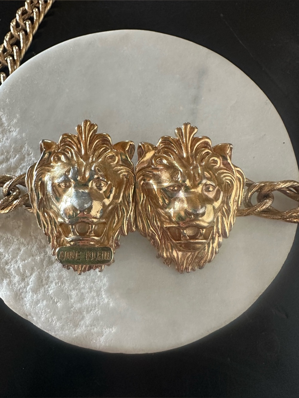 Anne Klein vintage gold tone, double lions head chain belt